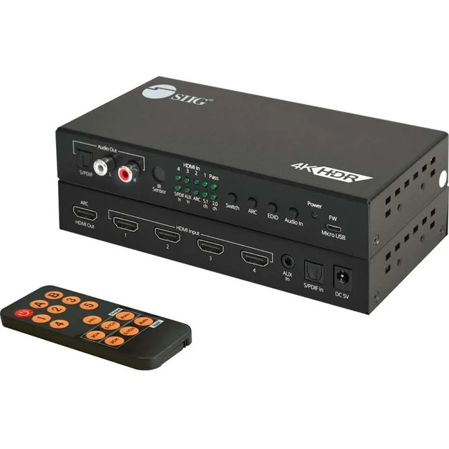 4x1 HDMI 4K60Hz Switch with ARC & Audio Extractor - Audio Extraction Through Optical Toslink S/PDIF or RCA/AUX - 18Gbps video bandwidth - 4 Port 4K60Hz HDMI Switch - 4 in 1 out - HDR- 7.1 ch Audio - Digital S/PDIF - Analog RCA - Audio Extraction- Audio Em