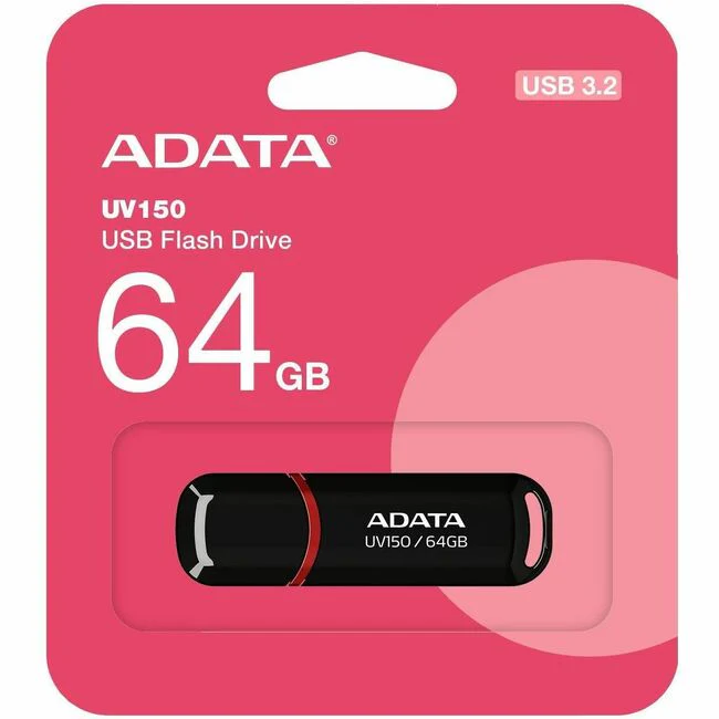 Adata 64GB UV150 USB 3.0 Flash Drive - 64 GB - USB 3.2 (Gen 1) - 100 MB/s Read Speed - Black - Lifetime Warranty