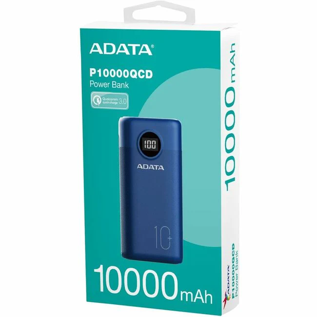 Adata P10000QCD Power Bank - For Mobile Phone, Gaming Console - Lithium Ion (Li-Ion) - 10000 mAh - 4.50 A - 5 V DC, 9 V DC, 12 V DC Output - 5 V DC, 9 V DC Input - 3 x USB - Blue