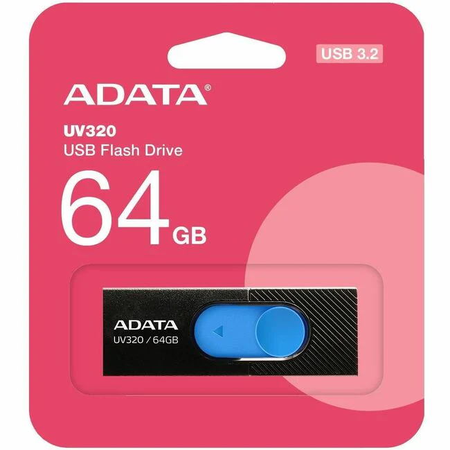 Adata UV320 USB Flash Drive - 64 GB - USB 3.2 (Gen 1) - 100 MB/s Read Speed - Black, Blue - 5 Year Warranty