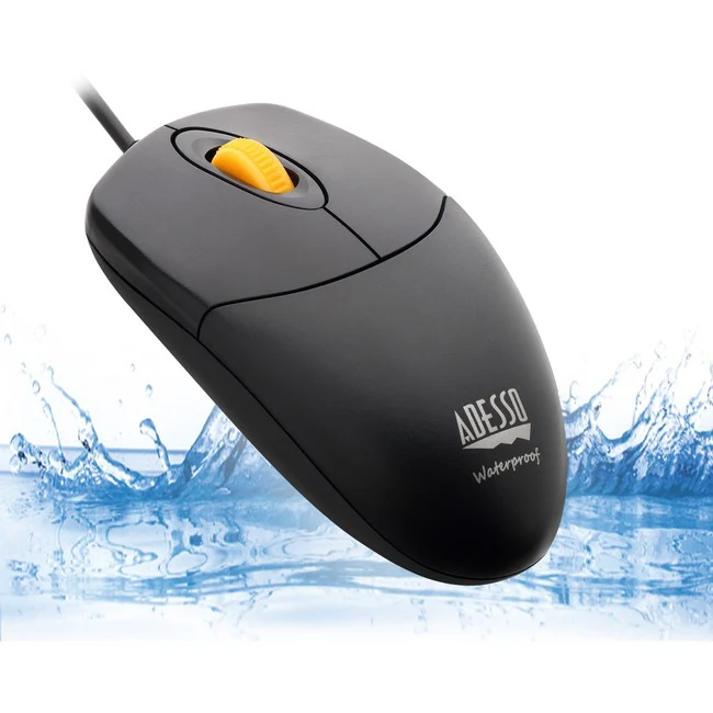 Adesso iMouse W3 - Waterproof Mouse with Magnetic Scroll Wheel - Optical - Cable - Black, Yellow - USB - 1000 dpi - Scroll Wheel - 4 Button(s) - Right-handed