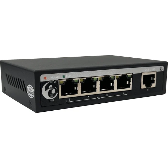 Amer Networks - 5ports 10/100Mbps PoE switch 96W af/at - 5 Port PoE Switch IEEE802.3af/at with 4*10/100Mbps RJ-45 PoE ports and 1*100Mbps RJ-45 Uplink port. Extend mode support allows PoE on 250m of cable. Surge Protection fanless. PoE Budget 96W, 30W max