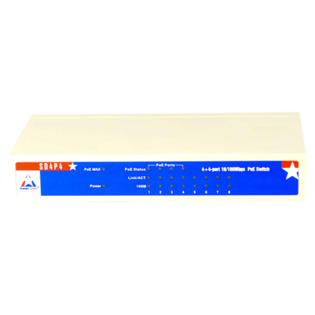 Amer SD4P4 Ethernet Switch - 8 Ports - Fast Ethernet - 10/100Base-TX - 2 Layer Supported - PoE Ports - Desktop - Lifetime Limited Warranty