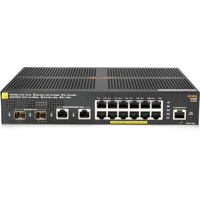 Aruba 2930F 12G PoE+ 2G/2SFP+ Switch - 16 Ports - Manageable - Refurbished - 3 Layer Supported - Modular - 170 W Power Consumption - Twisted Pair, Optical Fiber - Rack-mountable