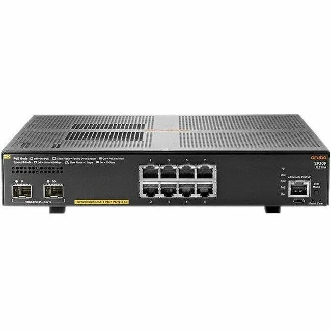 Aruba 2930F 8G PoE+ 2SFP+ Switch - 8 Ports - Manageable - 10 Gigabit Ethernet, Gigabit Ethernet - 10/100/1000Base-T, 10GBase-X - Refurbished - 3 Layer Supported - Modular - 125 W PoE Budget - Twisted Pair, Optical Fiber - 1U High - Rack-mountable, Desktop
