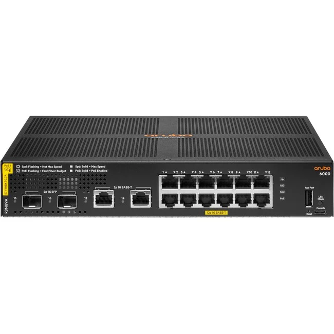 Aruba 6000 12G Class4 PoE 2G/2SFP 139W Switch - 12 Ports - Manageable - Gigabit Ethernet - 10/100/1000Base-T, 100/1000Base-X - 3 Layer Supported - Modular - 2 SFP Slots - 21.90 W Power Consumption - 139 W PoE Budget - Twisted Pair, Optical Fiber - PoE Por