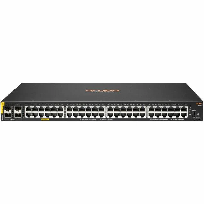 Aruba 6000 48G Class4 PoE 4SFP 370W Switch - 48 Ports - Manageable - Gigabit Ethernet, 10 Gigabit Ethernet - 10/100/1000Base-T, 10GBase-X - 3 Layer Supported - Modular - 4 SFP Slots - 45 W Power Consumption - 370 W PoE Budget - Twisted Pair, Optical Fiber