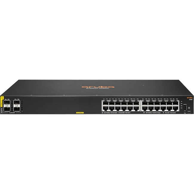 Aruba 6100 24G Class4 PoE 4SFP+ 370W Switch - 24 Ports - Manageable - Gigabit Ethernet, 10 Gigabit Ethernet - 10/100/1000Base-T, 10GBase-X - 3 Layer Supported - Modular - 32.70 W Power Consumption - 370 W PoE Budget - Twisted Pair, Optical Fiber - PoE Por