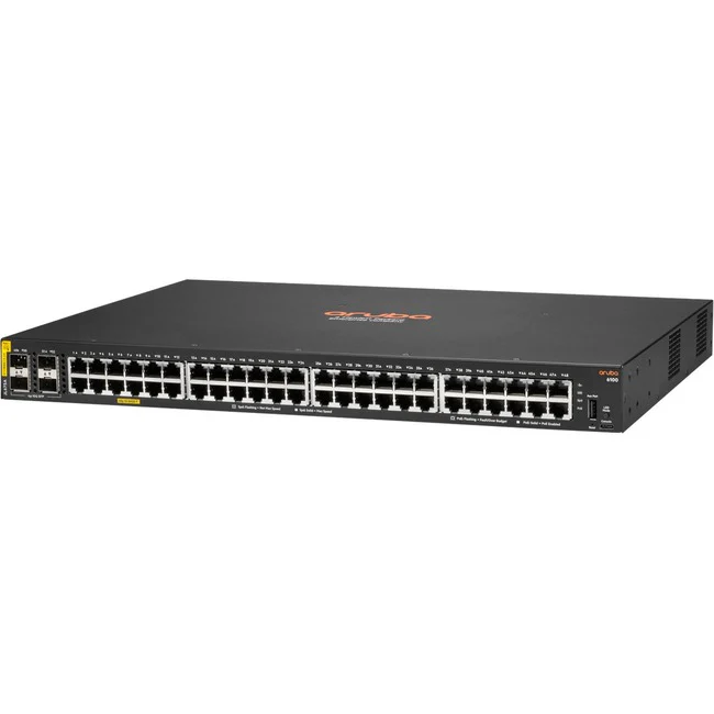 Aruba 6100 48G Class4 PoE 4SFP+ 370W Switch - 48 Ports - Gigabit Ethernet, 10 Gigabit Ethernet - 10/100/1000Base-T, 10GBase-X - 2 Layer Supported - Modular - 30.60 W Power Consumption - 370 W PoE Budget - Twisted Pair, Optical Fiber - PoE Ports - 1U High