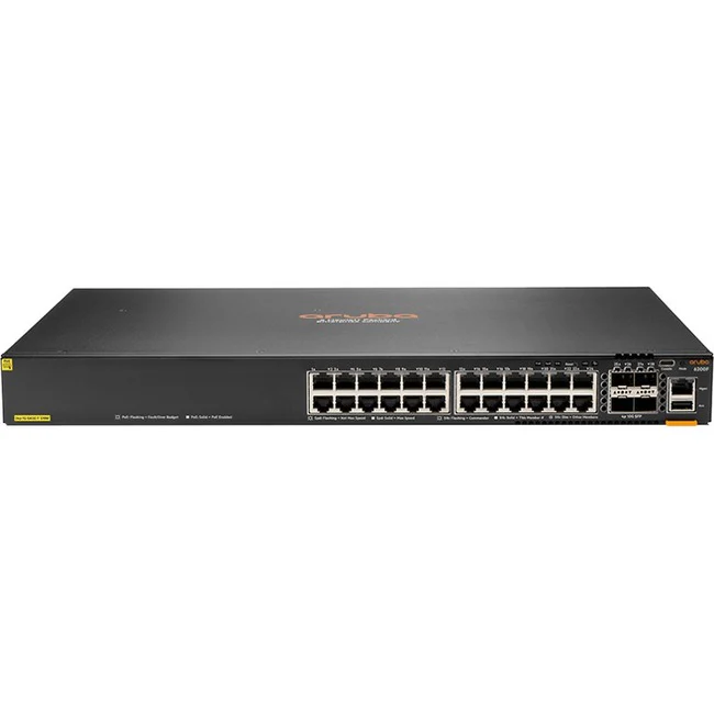 Aruba 6200F 24G Class4 PoE 4SFP+ 370W Switch - 24 Ports - Manageable - Gigabit Ethernet, 10 Gigabit Ethernet - 10/100/1000Base-T, 10GBase-X - 3 Layer Supported - Modular - 54 W Power Consumption - 370 W PoE Budget - Optical Fiber, Twisted Pair - PoE Ports