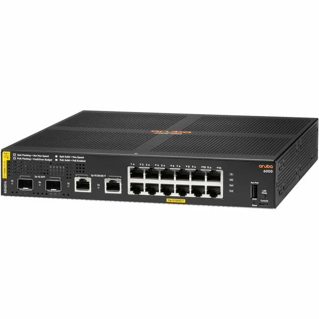 Aruba CX 6000 12G Class4 PoE 2G/2SFP Ethernet Switch - 12 Ports - Manageable - Gigabit Ethernet - 10/100/1000Base-T, 1000Base-BX - 2 SFP Slots - 21.90 W Power Consumption - 139 W PoE Budget - Twisted Pair, Optical Fiber - PoE Ports - 1U High - Rack-mounta