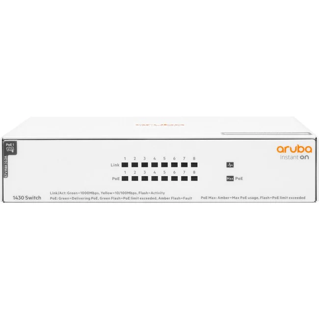Aruba Instant On 1430 8G Class4 PoE 64W Switch - 8 Ports - Gigabit Ethernet - 10/100/1000Base-T - 2 Layer Supported - 90 W Power Consumption - 64 W PoE Budget - Twisted Pair - PoE Ports - Rack-mountable, Cabinet Mount, Table Top, Wall Mountable, Surface M