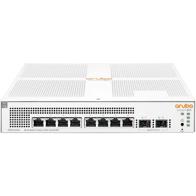 Aruba Instant On 1930 8G Class4 PoE 2SFP 124W Switch - 8 Ports - Manageable - 4 Layer Supported - Modular - 2 SFP Slots - 150 W Power Consumption - 124 W PoE Budget - Optical Fiber, Twisted Pair - PoE Ports - 1U High - Rack-mountable