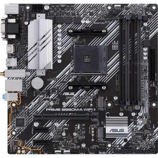 Asus Prime B550M-A WIFI II Desktop Motherboard - AMD B550 Chipset - Socket AM4 - Micro ATX - Ryzen 3, Ryzen 5, Ryzen 7, Ryzen 9, Ryzen 5 Pro, Ryzen 7 PRO, Ryzen 9 PRO, Ryzen 3 PRO Processor Supported - 128 GB DDR4 SDRAM Maximum RAM - DIMM, UDIMM - 4 x Mem