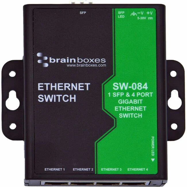 Brainboxes 1 SFP & 4 Port Gigabit Ethernet Switch - 4 Ports - Gigabit Ethernet - 10/100/1000Base-T, 1000Base-X - 2 Layer Supported - Modular - 1 SFP Slots - 3.60 W Power Consumption - Twisted Pair, Optical Fiber - Wall Mountable, DIN Rail Mountable, Compa