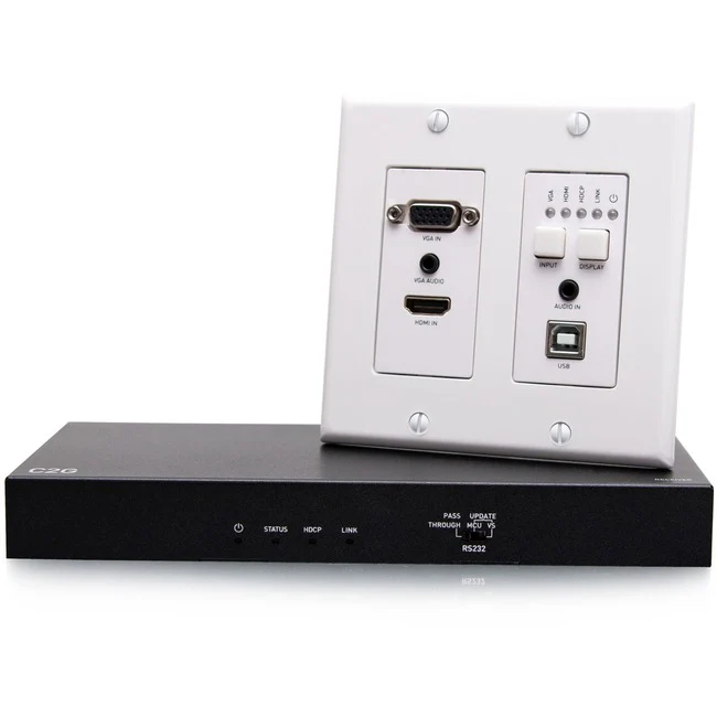 C2G Video Extender Transmitter/Receiver - 2 Input Device - 1 Output Device - 230 ft Range - 2 x Network (RJ-45) - 7 x USB - 1 x HDMI In - 1 x VGA In - 1 x HDMI Out - 1080p - 4K - Twisted Pair - Category 7 - Wall Plate