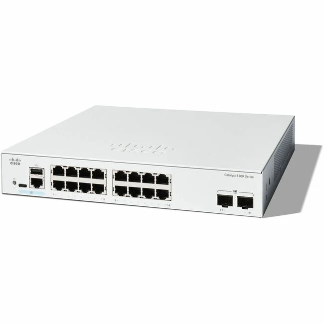 Cisco Catalyst C1200-16T-2G Ethernet Switch - 16 Ports - Manageable - Gigabit Ethernet - 1000Base-X, 10/100/1000Base-T - 3 Layer Supported - Modular - 2 SFP Slots - 18.37 W Power Consumption - Optical Fiber, Twisted Pair - 1U High - Rack-mountable