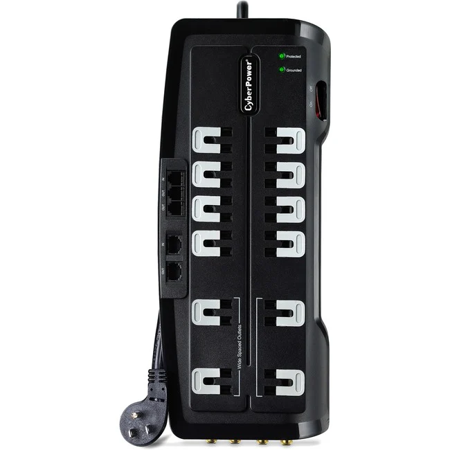 CyberPower CSHT1208TNC2 Home Theater 12 - Outlet Surge with 3150 J - Clamping Voltage 800V, 8 ft, NEMA 5-15P, Right Angle - 45&deg; Offset, 15 Amp, EMI/RFI Filtration, Black, Data Protection, RG6 Coaxial Protection, Lifetime Warranty