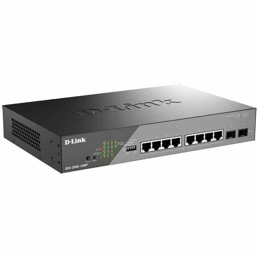 D-Link DSS-200G-10MP Ethernet Switch - 8 Ports - Manageable - Gigabit Ethernet - 10/100/1000Base-T, 1000Base-X - 3 Layer Supported - Modular - 2 SFP Slots - 160.20 W Power Consumption - 130 W PoE Budget - Twisted Pair, Optical Fiber - PoE Ports - 1U High
