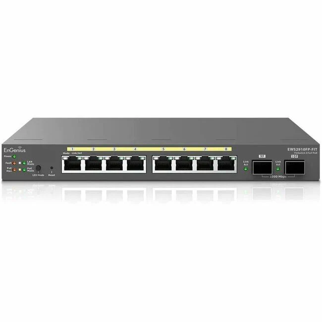 EnGenius EWS2910FP-FIT Ethernet Switch - 8 Ports - Manageable - Gigabit Ethernet - 10/100/1000Base-T, 1000Base-X - 2 Layer Supported - Modular - 2 SFP Slots - 110 W PoE Budget - Twisted Pair, Optical Fiber - PoE Ports - Wall Mountable - 1 Year Limited War