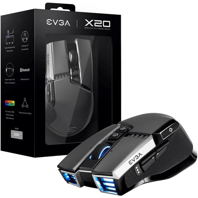 EVGA X20 Gaming Mouse - Optical - Cable/Wireless - Bluetooth - 2.40 GHz - Gray - USB - 16000 dpi - 10 Button(s)