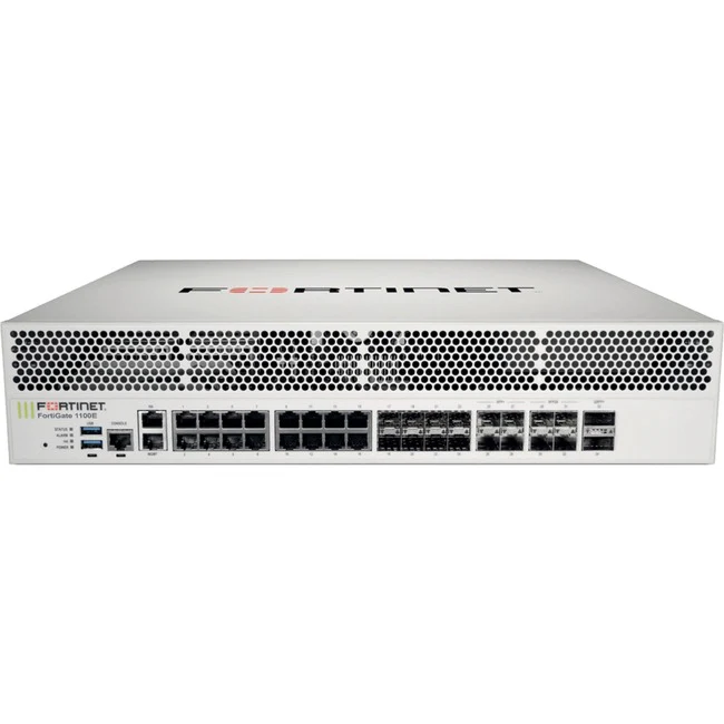 Fortinet FortiGate FG-1100E Network Security/Firewall Appliance - 18 Port - 10/100/1000Base-T, 1000Base-X, 10GBase-X, 40GBase-X - 40 Gigabit Ethernet - 10 GB/s Firewall Throughput - AES (256-bit), SHA-256 - 10000 VPN - 18 x RJ-45 - 18 Total Expansion Slot