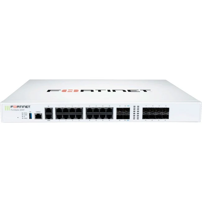Fortinet FortiGate FG-200F Network Security/Firewall Appliance - 18 Port - 10/100/1000Base-T, 1000Base-X, 10GBase-X - 10 Gigabit Ethernet - AES (256-bit), SHA-256 - 500 VPN - 17 x RJ-45 - 12 Total Expansion Slots - 5 Year 24x7 FortiCare and FortiGuard UTP