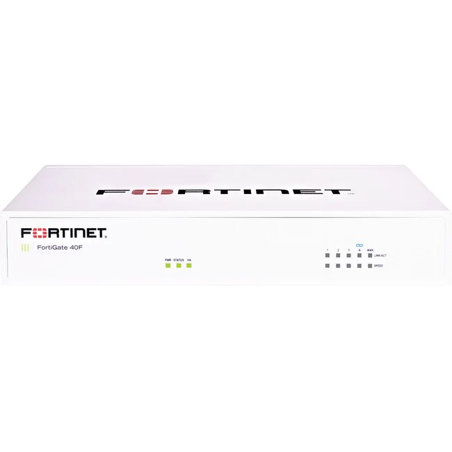 Fortinet FortiGate FG-40F Network Security/Firewall Appliance - Application Security - 5 Port - 10/100/1000Base-T - Gigabit Ethernet - 640 MB/s Firewall Throughput - AES (256-bit), SHA-256 - 200 VPN - 5 x RJ-45 - Wall Mountable, Desktop