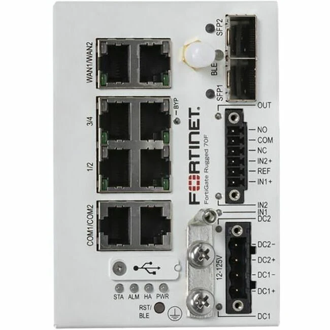 Fortinet FortiGate Rugged FGR-70F Network Security/Firewall Appliance - 6 Port - 10/100/1000Base-T, 1000Base-X - Gigabit Ethernet - 1 GB/s Firewall Throughput - AES (256-bit), SHA-256 - 100 VPN - 6 x RJ-45 - 2 Total Expansion Slots - 1 Year FortiCare Prem