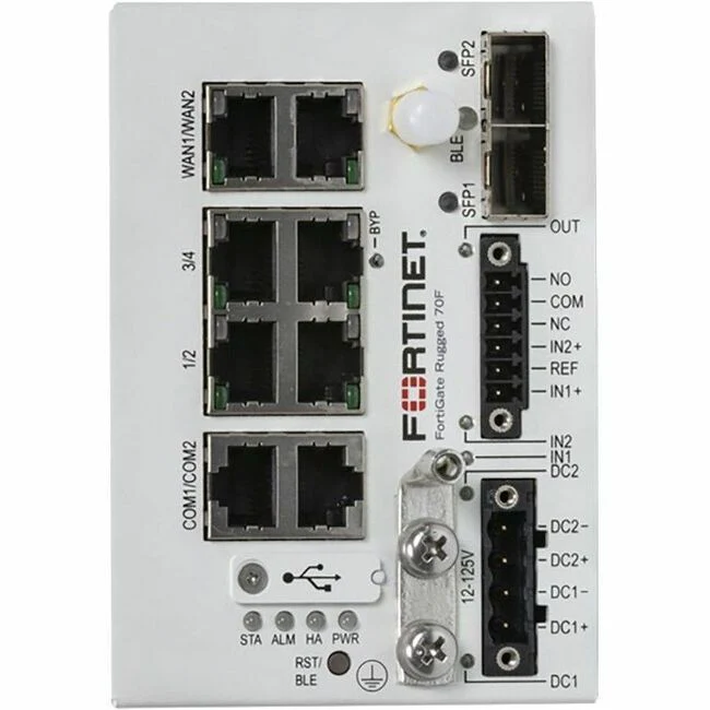 Fortinet FortiGate Rugged FGR-70F Network Security/Firewall Appliance - 6 Port - 10/100/1000Base-T, 1000Base-X - Gigabit Ethernet - 1 GB/s Firewall Throughput - AES (256-bit), SHA-256 - 100 VPN - 6 x RJ-45 - 2 Total Expansion Slots - 3 Year FortiCare Prem