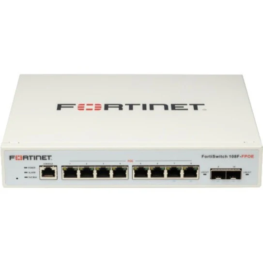 Fortinet FortiSwitch 108F-FPOE Ethernet Switch - 8 Ports - Manageable - Gigabit Ethernet - 10/100/1000Base-T, 1000Base-X - 2 Layer Supported - Modular - 2 SFP Slots - 139.20 W Power Consumption - 130 W PoE Budget - Optical Fiber, Twisted Pair - PoE Ports