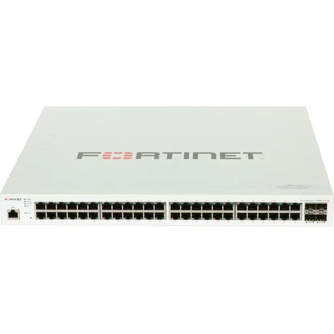 Fortinet FortiSwitch FS-248E-FPoE Ethernet Switch - 48 Ports - Manageable - Gigabit Ethernet - 1000Base-X, 10/100/1000Base-T - 3 Layer Supported - Modular - 4 SFP Slots - 855.02 W Power Consumption - 740 W PoE Budget - Optical Fiber, Twisted Pair - PoE Po