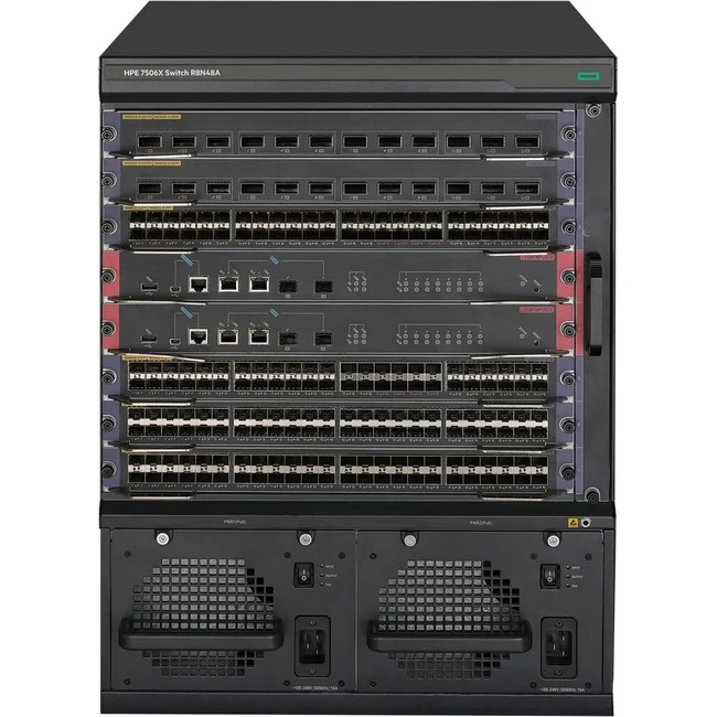HPE FlexNetwork 7506X PoE Ethernet Switch 6 Slots Chassis - Manageable - 100 Gigabit Ethernet - 100GBase-X - 2 Layer Supported - Modular - 1400 W Power Consumption - Optical Fiber, Twisted Pair - PoE Ports - 13U High - Rack-mountable, Cabinet Mount, Surfa