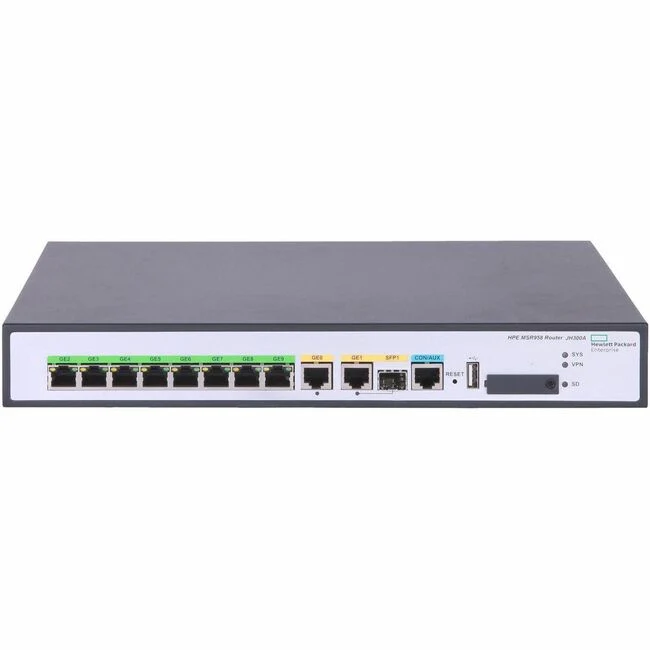 HPE FlexNetwork MSR958 1GbE and Combo 2GbE WAN 8GbE LAN PoE Router - 11 Ports - 8 RJ-45 Port(s) - 2 WAN Port(s) - PoE Ports - Management Port - 1 SFP (mini-GBIC) Slots - 1 GB - Gigabit Ethernet - IEEE 802.1D, IEEE 802.1p, IEEE 802.1Q, IEEE 802.1s, IEEE 80