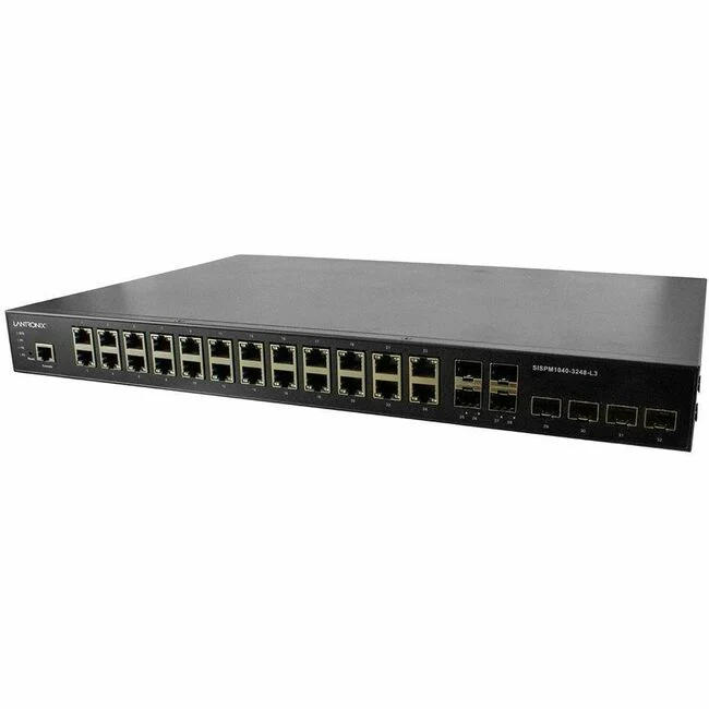 Lantronix SISPM1040-3000-L3 Layer 3 Switch - 24 Ports - Manageable - 10 Gigabit Ethernet - 10GBase-X, 10/100/1000Base-TX, 100/1000Base-FX - 4 Layer Supported - Modular - 4 SFP Slots - 15 W Power Consumption - 370 W PoE Budget - Twisted Pair, Optical Fiber