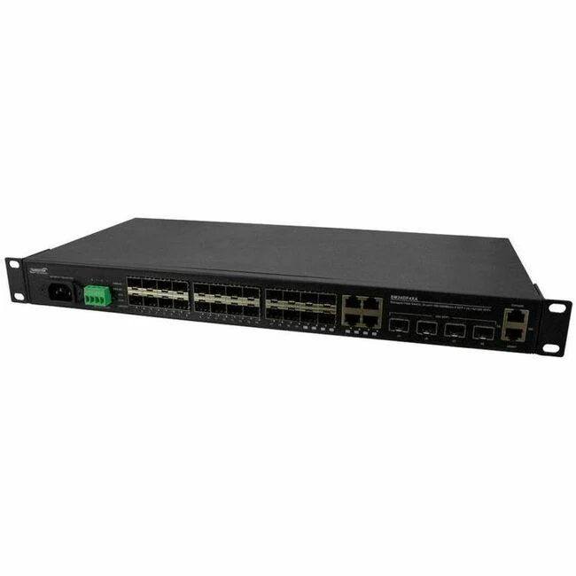 Lantronix SM24DP4XA Ethernet Switch - 4 Ports - Manageable - 10 Gigabit Ethernet - 10GBase-X, 1000Base-X, 1000Base-TX, 100/1000Base-FX - 4 Layer Supported - Modular - 24 SFP Slots - 60 W Power Consumption - Optical Fiber, Twisted Pair - Rack-mountable - 5