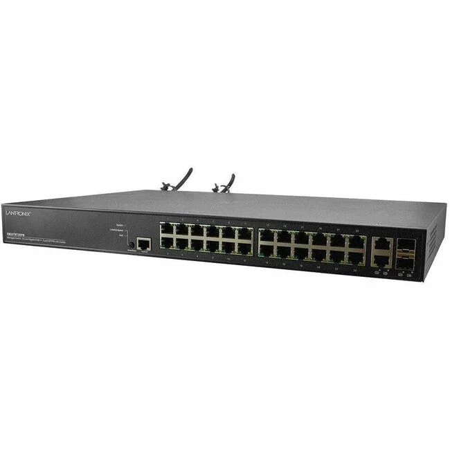 Lantronix SM24TBT2DPB Ethernet Switch - 26 Ports - Manageable - Gigabit Ethernet - 10/100/1000Base-T, 1000Base-X - 4 Layer Supported - Modular - 2 SFP Slots - 52 W Power Consumption - Twisted Pair, Optical Fiber - Rack-mountable - 5 Year Limited Warranty