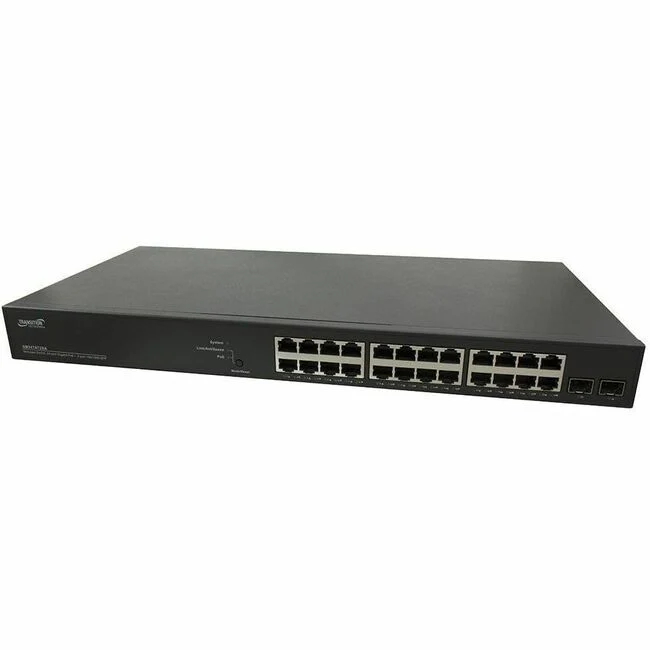 Lantronix SMTATSA Ethernet Switch - 24 Ports - Manageable - Gigabit Ethernet - 100/1000Base-FX, 10/100/1000Base-TX - 4 Layer Supported - Modular - 2 SFP Slots - 438 W Power Consumption - 370 W PoE Budget - Twisted Pair, Optical Fiber - PoE Ports - Rack-mo