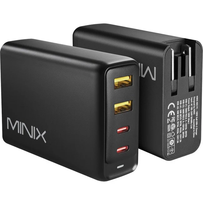 MINIX Neo P2 100w Turbo 4 Port Gan Wall Charger - 5 V DC/3 A, 9 V DC, 12 V DC, 15 V DC, 20 V DC Output