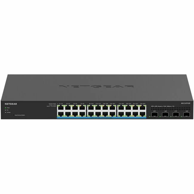 Netgear 24-Port Multi-Gigabit (2.5G) Ethernet Ultra60 PoE++ Smart Switch with 4 SFP+ Ports - 24 Ports - Manageable - 10 Gigabit Ethernet - 2.5GBase-T, 10GBase-X - 4 Layer Supported - Modular - 765 W Power Consumption - 720 W PoE Budget - Twisted Pair, Opt