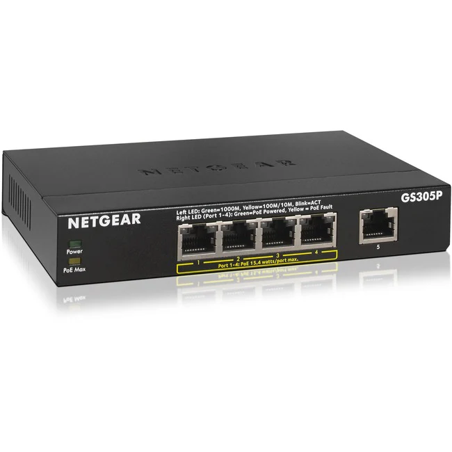 Netgear 5-Port PoE Gigabit Ethernet Unmanaged Switch with 4-port PoE (GS305P) - 5 Ports - 2 Layer Supported - Twisted Pair - 3 Year Limited Warranty