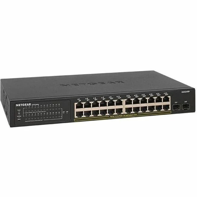 Netgear S350 GS324TP Ethernet Switch - 24 Ports - Manageable - Gigabit Ethernet - 10/100/1000Base-T - 4 Layer Supported - Modular - 2 SFP Slots - Twisted Pair, Optical Fiber - Rack-mountable, Wall Mountable, Desktop, Under Table - 5 Year Limited Warranty