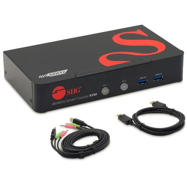 SIIG 2 Port 4K 60Hz DisplayPort 1.2 KVM Switch with USB 3.0 and Multi-Media ports - 4K 60Hz Single Display - UHD DP 1.2 USB KVM Switch with USB 3.0 Hub & Audio - 2 Port DisplayPort KVM Switch with Audio/ Hotkey / Manual Switching - 3840 x 2160 60Hz - 4K U