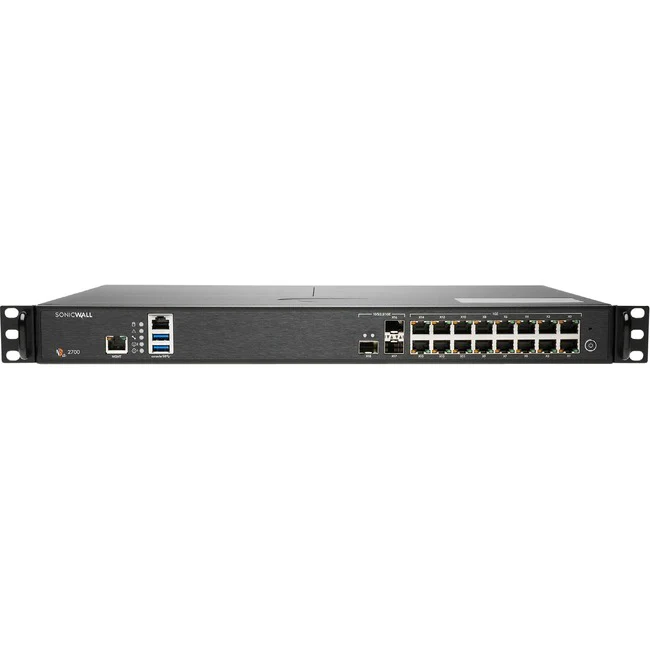 SonicWall NSA 2700 Network Security/Firewall Appliance - 16 Port - 10/100/1000Base-T, 10GBase-X - 10 Gigabit Ethernet - DES, 3DES, MD5, SHA-1, AES (128-bit), AES (192-bit), AES (256-bit) - 16 x RJ-45 - 3 Total Expansion Slots - 5 Year Secure Upgrade Plus