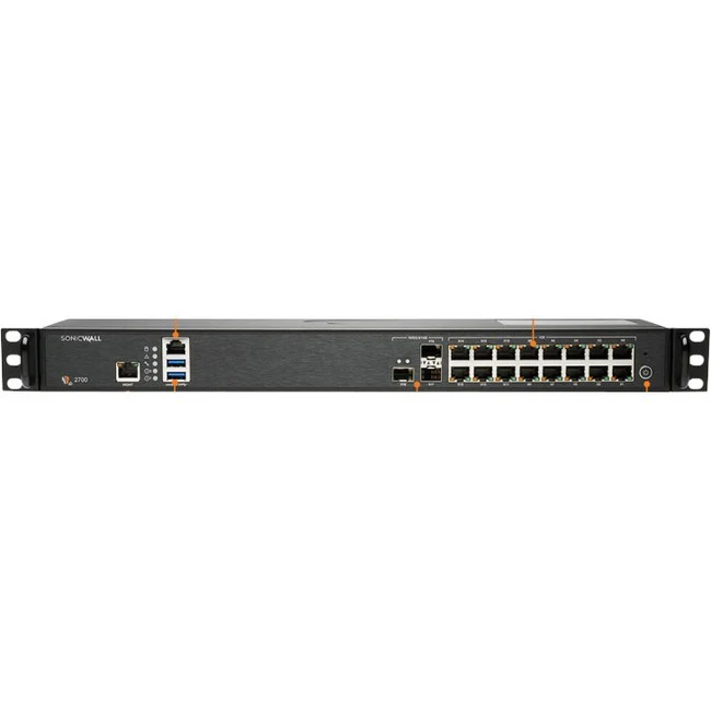 SonicWall NSA 2700 Network Security/Firewall Appliance - 16 Port - 10/100/1000Base-T, 10GBase-X - 10 Gigabit Ethernet - DES, 3DES, MD5, SHA-1, AES (128-bit), AES (192-bit), AES (256-bit) - 16 x RJ-45 - 3 Total Expansion Slots - 5 Year TotalSecure Advanced