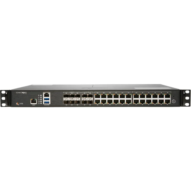 SonicWall NSA 3700 Network Security/Firewall Appliance - 24 Port - 10/100/1000Base-T, 10GBase-X - 10 Gigabit Ethernet - DES, 3DES, MD5, SHA-1, AES (128-bit), AES (192-bit), AES (256-bit) - 24 x RJ-45 - 10 Total Expansion Slots - 1U - Rack-mountable - TAA
