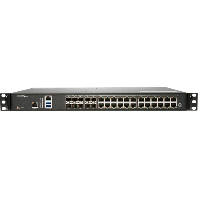 SonicWall NSA 3700 Network Security/Firewall Appliance - 24 Port - 10/100/1000Base-T, 10GBase-X - 10 Gigabit Ethernet - DES, 3DES, MD5, SHA-1, AES (128-bit), AES (192-bit), AES (256-bit) - 24 x RJ-45 - 10 Total Expansion Slots - 3 Year TotalSecure Advance
