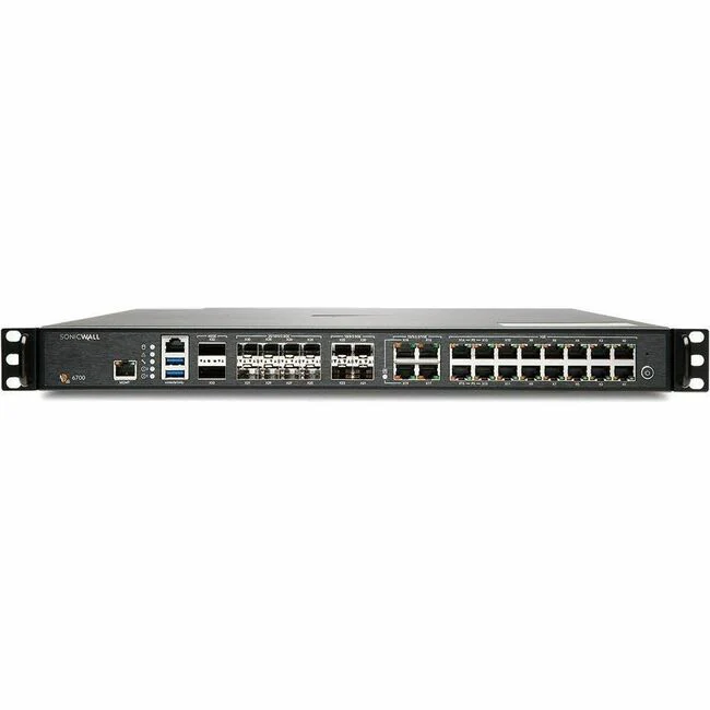 SonicWall NSa 6700 Network Security/Firewall Appliance - 20 Port - 10GBase-X, 10/100/1000Base-T, 40GBase-X, 1000Base-X, 10GBase-T, 5GBase-T, 2.5GBase-T - 40 Gigabit Ethernet - 4.50 GB/s Firewall Throughput - DES, 3DES, AES (128-bit), AES (192-bit), AES (2
