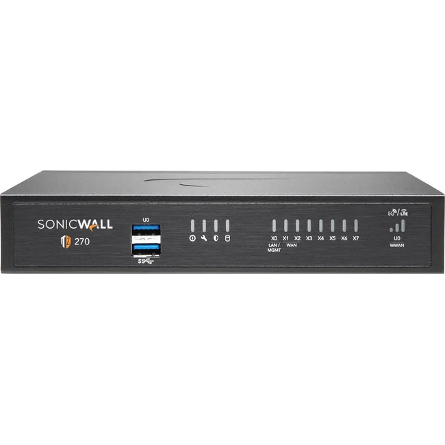 SonicWall TZ270 Network Security/Firewall Appliance - 8 Port - 10/100/1000Base-T - Gigabit Ethernet - DES, 3DES, MD5, SHA-1, AES (128-bit), AES (192-bit), AES (256-bit) - 8 x RJ-45 - 1 Year TotalSecure Advanced Edition - Desktop, Rack-mountable - TAA Comp