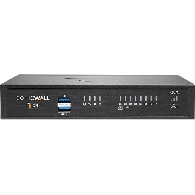 SonicWall TZ370 Network Security/Firewall Appliance - 8 Port - 10/100/1000Base-T - Gigabit Ethernet - DES, 3DES, MD5, SHA-1, AES (128-bit), AES (192-bit), AES (256-bit) - 8 x RJ-45 - 3 Year Secure Upgrade Plus Threat Edition - Desktop, Rack-mountable - TA